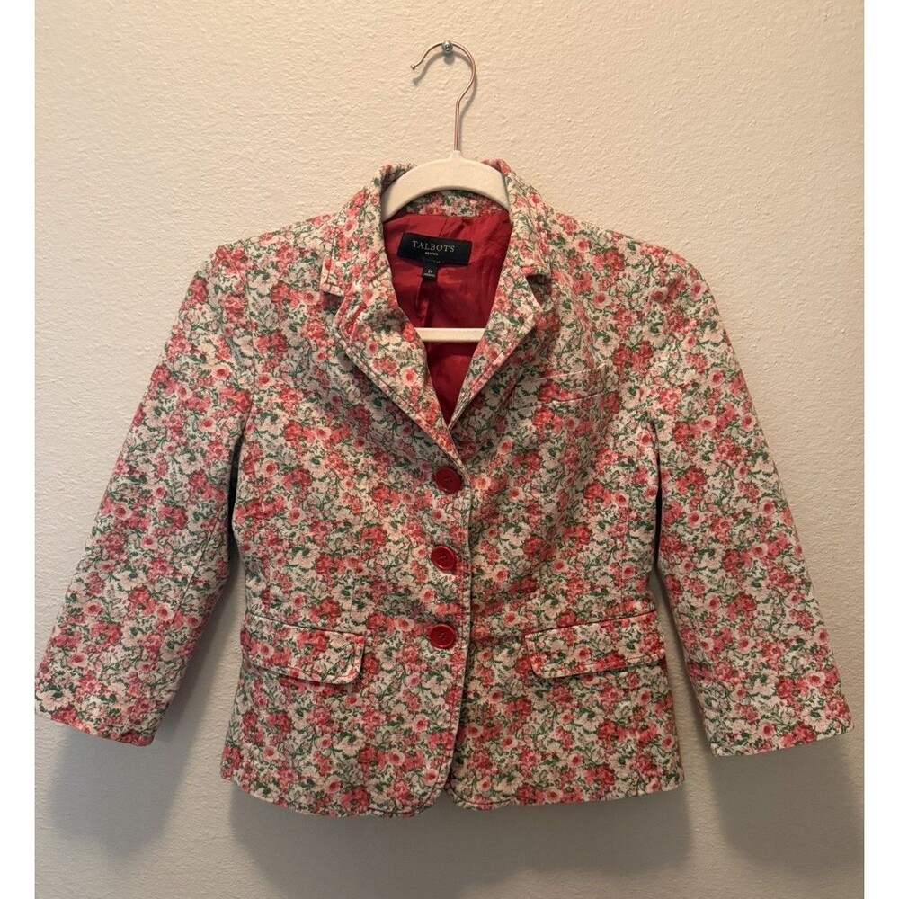 Talbots Petites Floral Blazer Jacket Pink Red Flowers Cotton Blend Size 2P